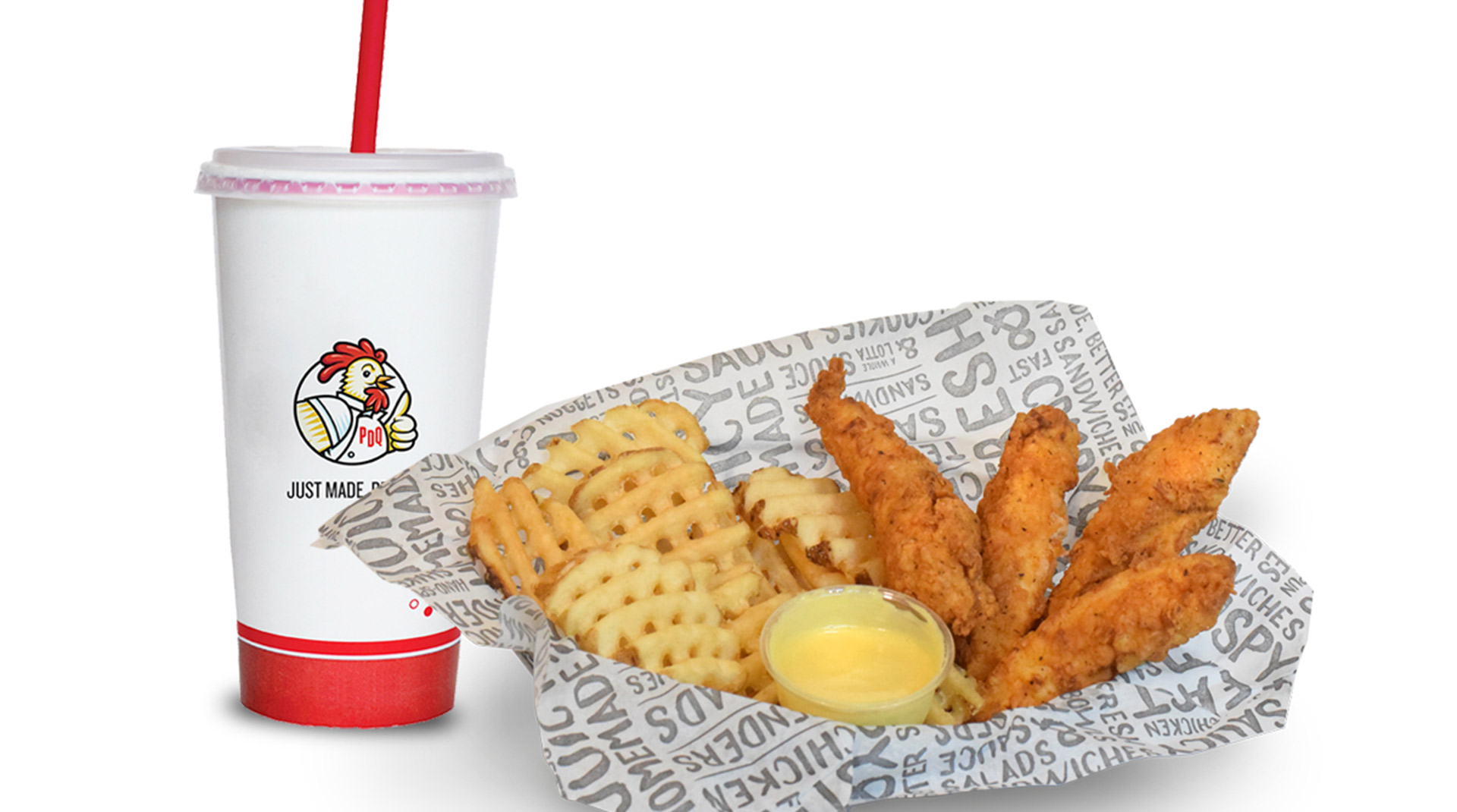 PDQ chicken and fries with soft drink